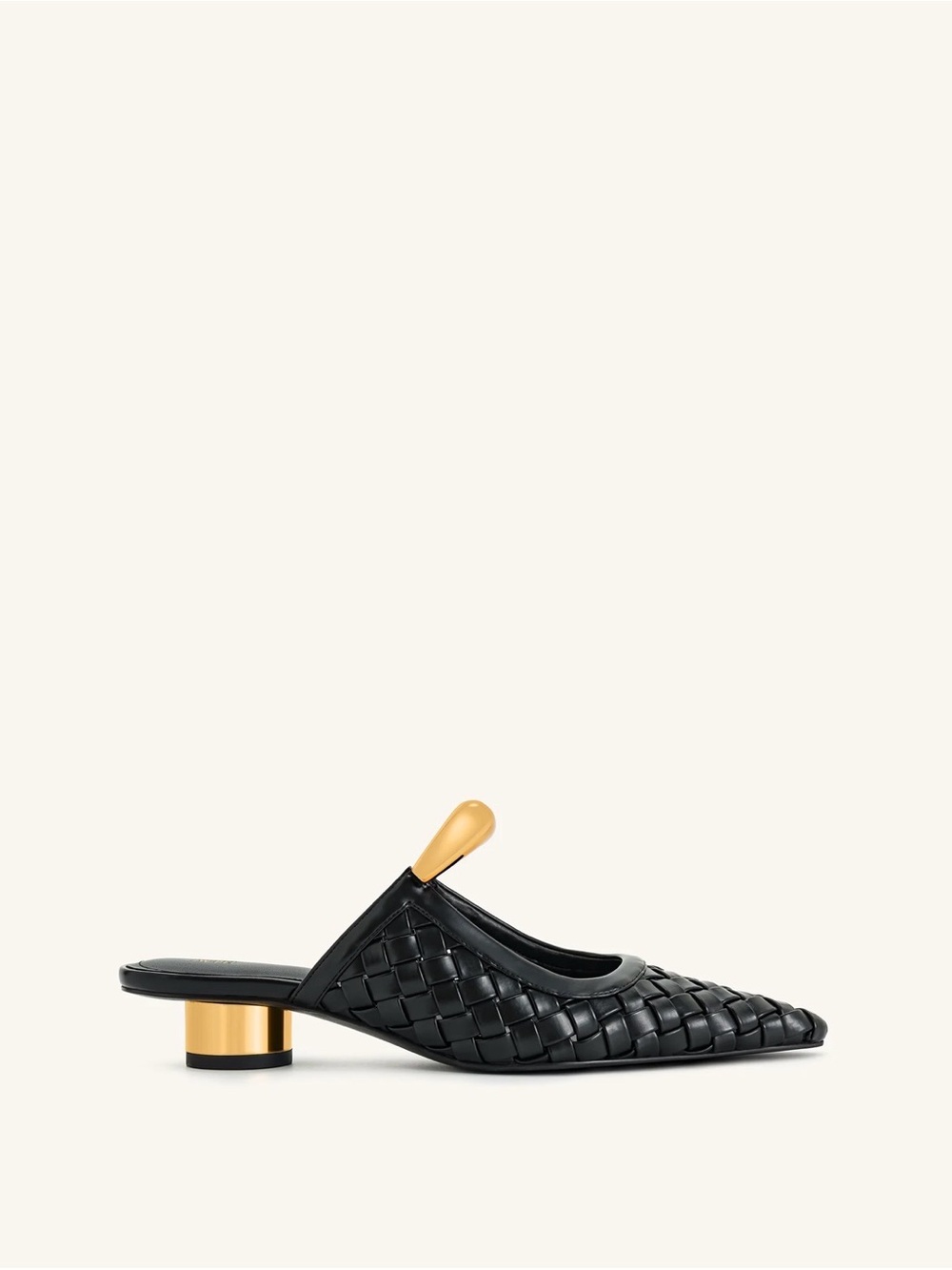 JW PEI Black Woven Leather Mule with Gold Accent